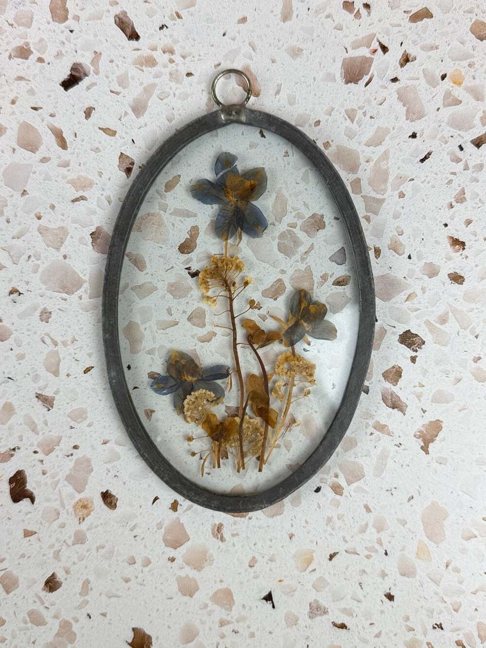 Vintage Pressed Flowers Glass Oval Pewter Frame Hanging Wall Decor